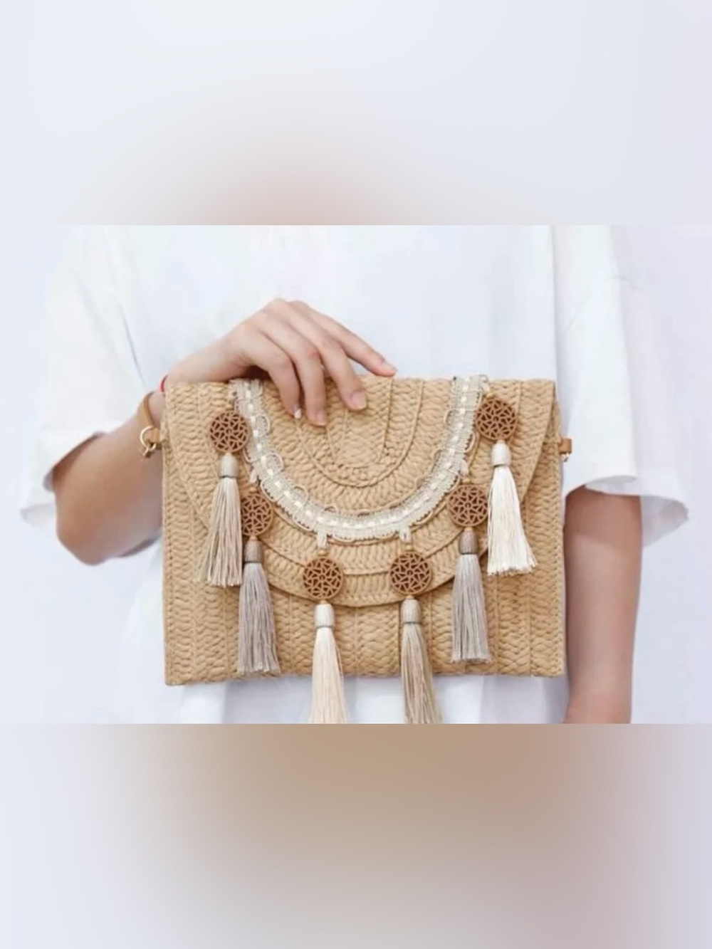 Boho Tassel Woven Clutch - Beige NEW NEVER WORN